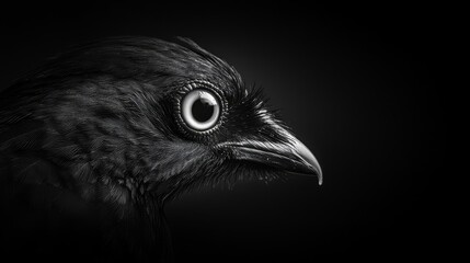 Fototapeta premium A monochrome image of a bird holding an eyeball against a jet-black backdrop