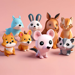 Naklejka premium The image shows a group of cute, cartoon animals, including a wolf, a rabbit, a fox, a cat, and a mouse, all standing together on a pink background.