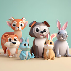 Naklejka premium The image shows a group of cute, cartoon animals, including a fox, a dog, a mouse, and two rabbits, all sitting together.
