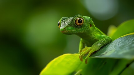  A tight shot of a small green lizard perched on a branch, adorned with water droplets clinging to its facial features