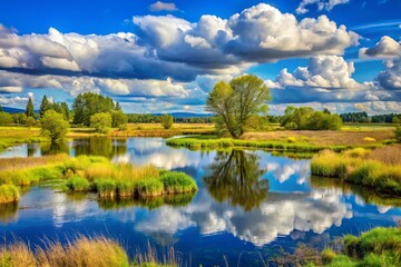 Fototapeta premium Serene landscape of Ridgefield National Wildlife Refuge in Washington State, featuring wetlands, grasslands, and mature
