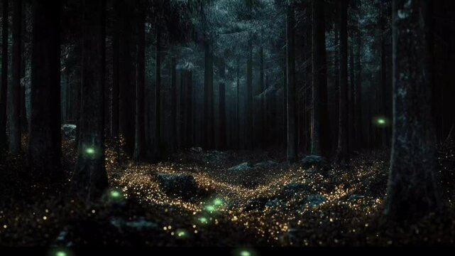 A magical forest illuminated by fireflies at night creating a mystical atmosphere seamless looping 4k time-lapse video background