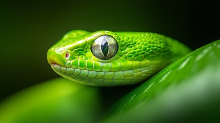 Obraz premium A tight shot of a green snake's eye against a backdrop of green leafy foliage in the foreground