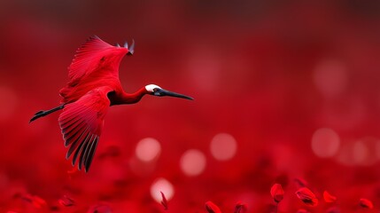 Obraz premium A red bird flies above a red flower field, foreground featuring blurred red petals, background reddened with petals