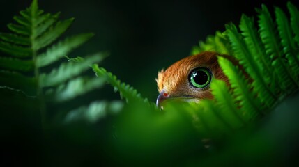 Fototapeta premium A bird's-eye view of a green leaf, with its center in focus, and a fern positioned behind