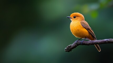  A tiny orange bird perches on a tree branch against a hazy backdrop of green foliage