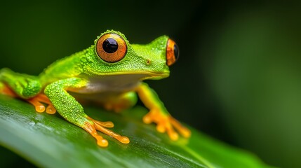 Obraz premium A close-up of a frog on a leaf with a blurred background