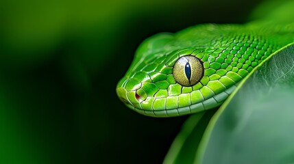 Fototapeta premium A tight shot of a green snake's eye atop a green leaf against a backdrop of similar foliage