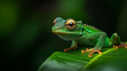 Fototapeta premium A chameleon, green against a background of green leaves, sits atop another leaf Black background