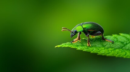 Naklejka premium A tight shot of a green insect on a verdant leaf against a softly blurred background