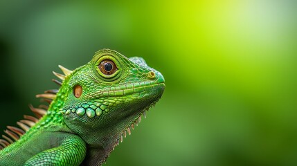 Fototapeta premium A tight shot of a green iguana perched on a branch against a softly blurred background