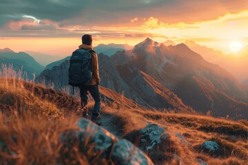 Fototapeta premium Adventurous hiker admires vibrant mountain sunset from trail ridge.