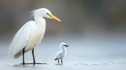 Obraz premium A large white bird and a small one, perched side by side, atop a fog-shrouded body of water