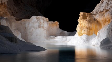  A body of water encircled by snow-covered rocks, featuring a cavernous structure on each side