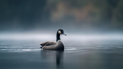 Obraz premium A duck floats atop a fog-shrouded lake, surrounded by trees in the background