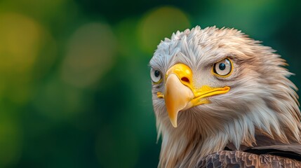 Obraz premium A bald eagle's head up close against a backdrop of green foliage in the form of a bokeh of trees