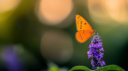 Fototapeta premium A tight shot of a butterfly atop a plant, surrounded by indistinct leafy background with nearby flowers
