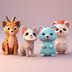 Naklejka premium A group of cute, cartoon-style animals sitting together.