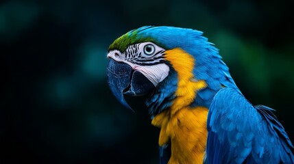Fototapeta premium A tight shot of a blue-and-yellow parrot against a black background, surrounded by green foliage