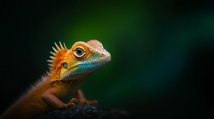 Fototapeta premium A tight shot of a lizard perched on a rock against a vaguely defined, green-black backdrop