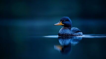 Fototapeta premium A tight shot of a duck over a body of water, mirroring its head in the surface