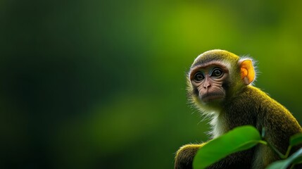 Obraz premium A tight shot of a monkey on a tree branch against a softly blurred backdrop of green foliage
