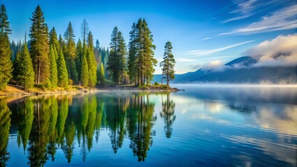 Obraz premium Serene morning mist wraps around towering pine trees lining the tranquil shores of Lake Pend Oreille, Idaho, reflecting