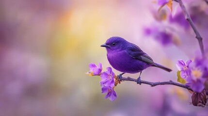 Obraz premium A purple bird perched on a branch against a backdrop of indistinct pink and yellow hues, surrounded by purple flowers