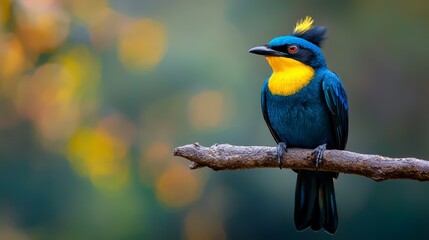 Obraz premium A blue-and-yellow bird perches on a tree branch against a backdrop of green and yellow foliage