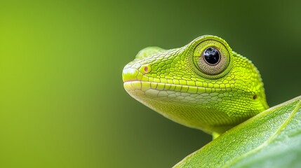 Fototapeta premium A tight shot of a green chameleon perched on a leaf against a softly blurred background