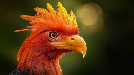 Fototapeta premium its head is black, adorned with yellow and orange feathers