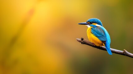 Fototapeta premium A blue-and-yellow bird perches on a tree branch against a blurred backdrop of yellow and green