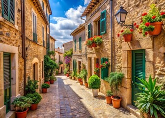 Obraz premium Serene narrow cobblestone street lined with ancient stone buildings, flower-adorned balconies, and ornate lamps in the