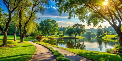 Obraz premium Serene natural scenery of a lush green park with vibrant trees, walking paths, and a tranquil lake in