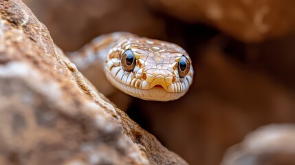  A tight shot of a snake's head atop a rock, tongue extended, and eyes fully opened