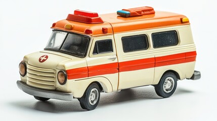 A vintage toy ambulance with red and orange stripes, a red cross, and a siren on top, isolated on a white background.