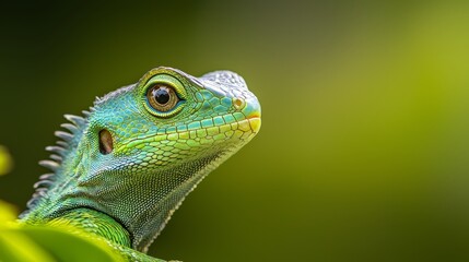 Fototapeta premium A tight shot of a lizard's head resting above a green plant Background comprises indistinct, blurred leaves