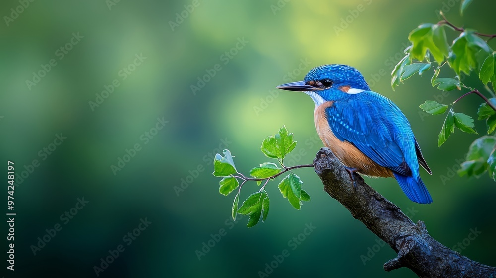 Wall mural a bluebird perched on a tree branch with green leaves background softly blurred