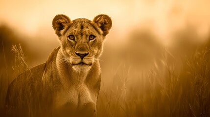 Fototapeta premium A tight shot of a lion in a sea of tall grass Sun casts gold behind Blurred backdrop of field