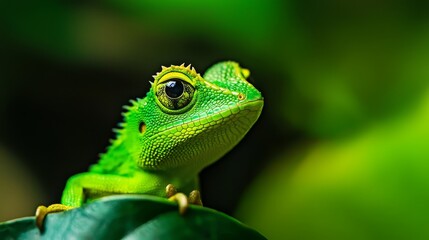 Fototapeta premium A tight shot of a green lizard atop a verdant leaf against softly blurred green foliage background