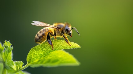  A bee up close on a green leaf with a softly blurred background