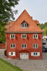 Beautiful red architecture in Kastellet area in Copenhagen.
