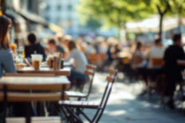 Obraz premium Blurred background of People sitting at tables in outdoor cafe, on bustling street. Relaxed atmosphere, featuring individuals enjoying coffee and casual conversation in lively city environment.