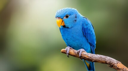 Naklejka premium A blue bird with a yellow beak perches on a tree branch against a softly blurred background