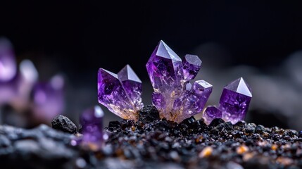 Obraz premium A collection of purple crystals atop a mound of black rocks, resting upon a layer of soil