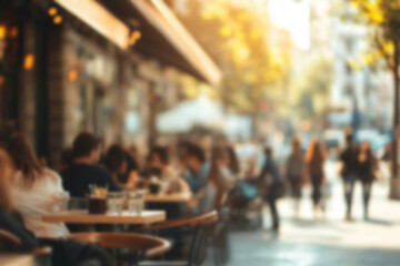 Blurred background of People sitting at tables in outdoor cafe, on bustling street. Relaxed atmosphere, featuring individuals enjoying coffee and casual conversation in lively city environment.