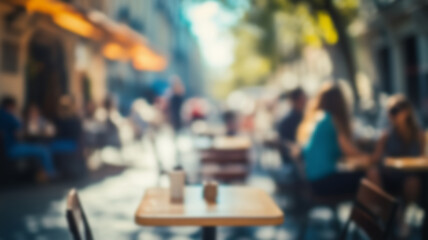 Blurred background of People sitting at tables in outdoor cafe, on bustling street. Relaxed atmosphere, featuring individuals enjoying coffee and casual conversation in lively city environment.