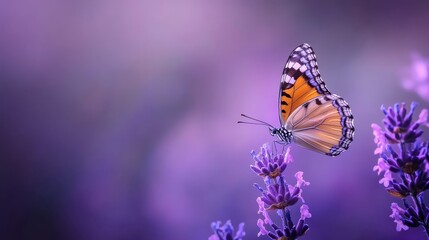 Obraz premium A tight shot of a butterfly atop a plant, featuring vivid purple blossoms in the near foreground and an out-of-focus background