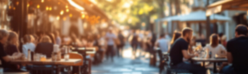 Fototapeta premium Blurred background of People sitting at tables in outdoor cafe, on bustling street. Relaxed atmosphere, featuring individuals enjoying coffee and casual conversation in lively city environment.
