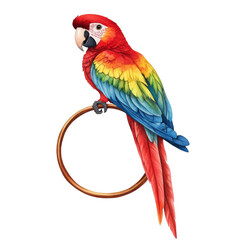 Fototapeta premium Beautiful parrot with vibrant colors perched on a wooden ring, showcasing its stunning feathers and playful nature.